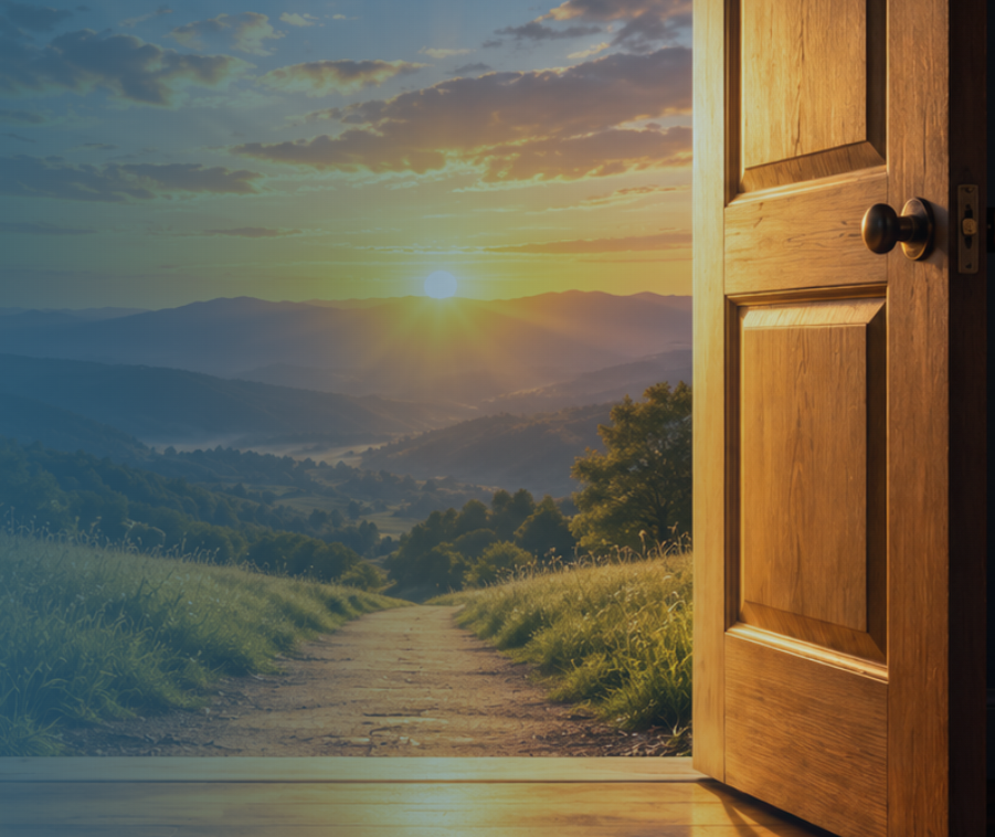 An open doorway leading toward a bright sunrise and a clear path